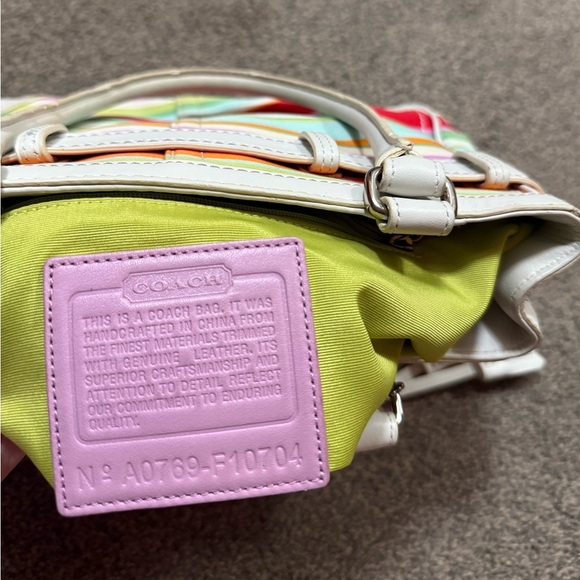 Coach Hampton Multicolor Canvas White Leather Trim Stripes Satchel Tote Bag - Picture 8 of 8